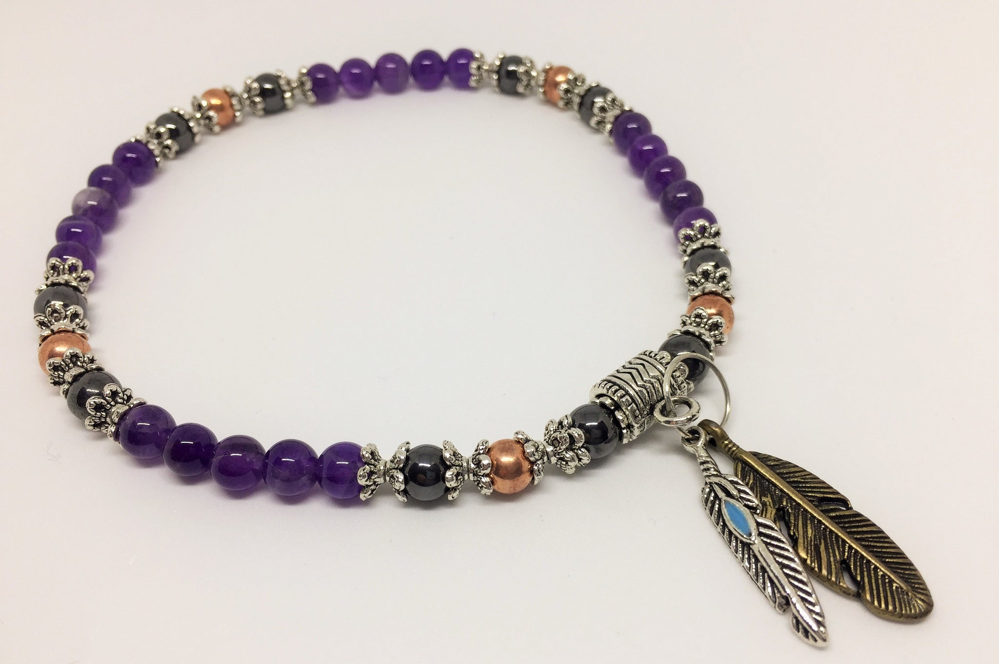 Amethyst, Magnetic Hematite & Copper Holistic Healing Anklet with feather charms