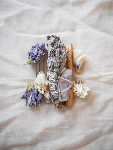 Hand Rolled Lavender, Palo Santo & White sage Sacred Smoke Cleansing Bundle with Rose Quartz Crystal & Oyster shell ash catcher