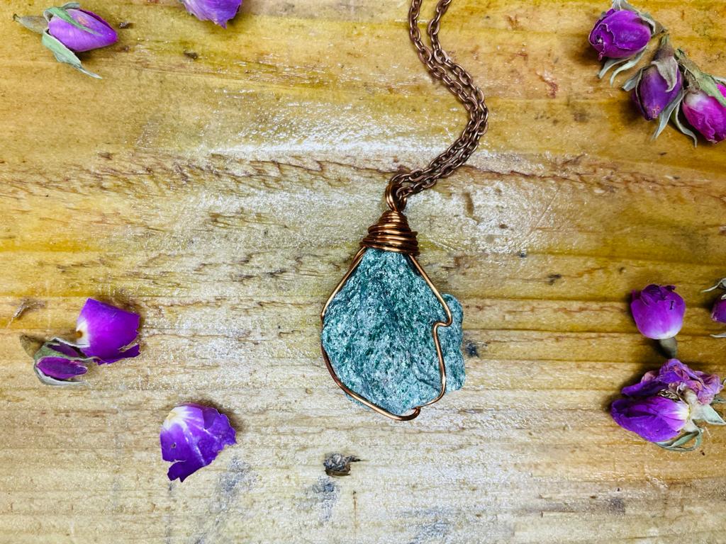 Copper wrapped Fuchsite pendant