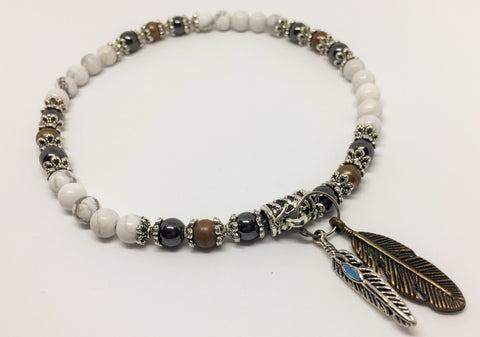 Howlite, Copper & Magnetic Hematite Holistic Healing anklet with Feather charms