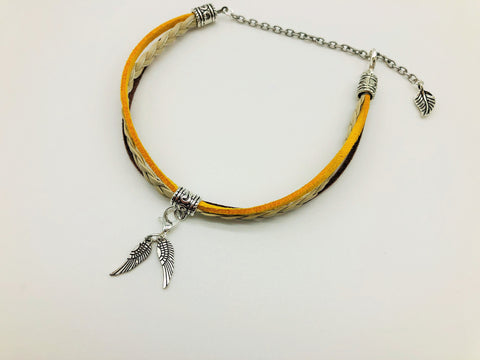 Rapeseed Field Faux Suede & Leather Anklet with Angel Wing charms