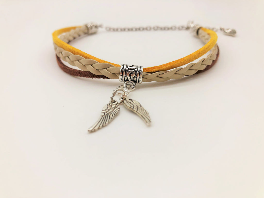Rapeseed Field Faux Suede & Leather Anklet with Angel Wing charms