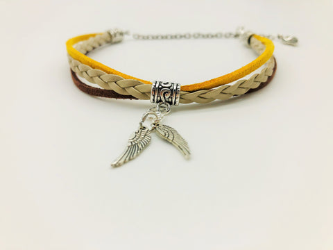 Rapeseed Field Faux Suede & Leather Anklet with Angel Wing charms