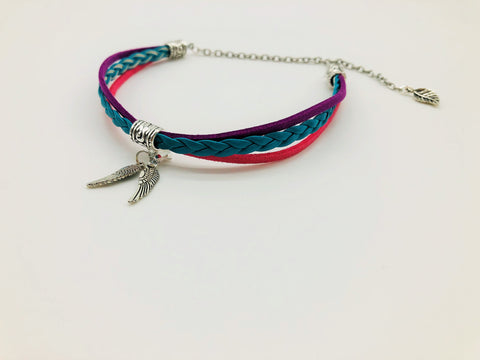 Vibrant Flowers Faux suede & Leather Anklet with Angel Wing charms