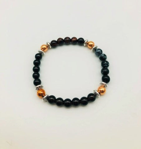 Protection & Negativity Deflection Bracelet With Copper, Black Tourmaline, Snowflake Obsidian, Tigers Eye and Smoky Quartz