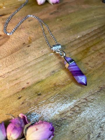 Double Terminated Calming & Balancing Purple Banded Agate Crystal Pendant