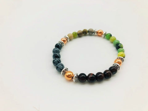 Emotionally Grounding Bracelet With Copper, Chrysoprase, Silver Leaf Jasper, Snowflake Obsidian and Tigers Eye