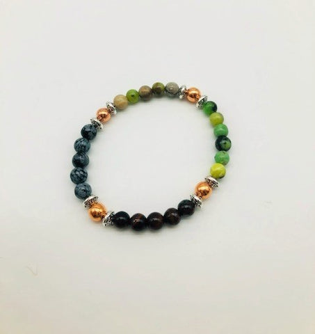 Emotionally Grounding Bracelet With Copper, Chrysoprase, Silver Leaf Jasper, Snowflake Obsidian and Tigers Eye