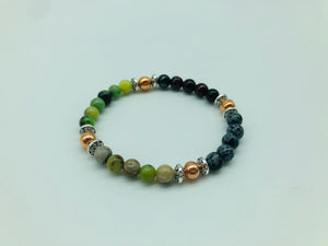 Emotionally Grounding Bracelet With Copper, Chrysoprase, Silver Leaf Jasper, Snowflake Obsidian and Tigers Eye