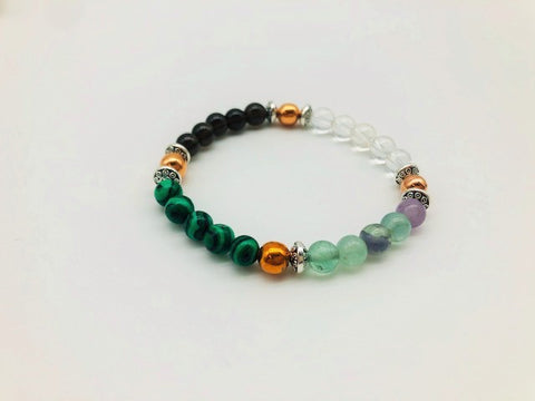 Physical & Emotional Wellness Bracelet With Copper, Flourite, Malachite, Clear Quartz and Smoky Quartz