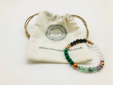 Physical & Emotional Wellness Bracelet With Copper, Flourite, Malachite, Clear Quartz and Smoky Quartz