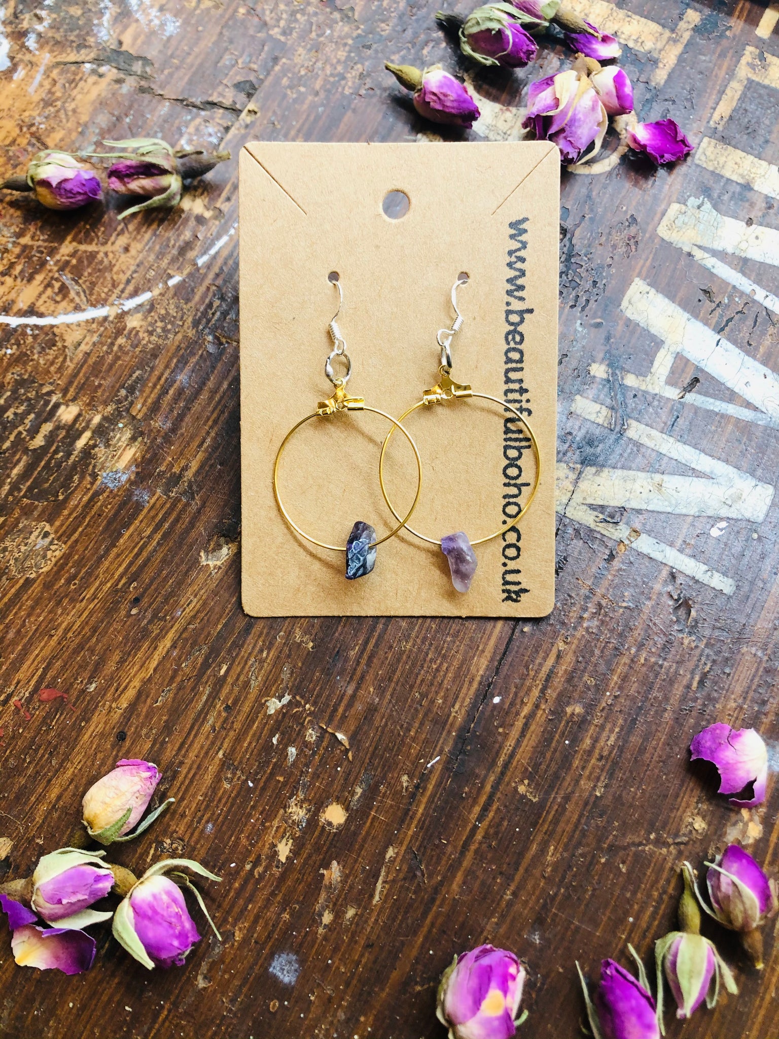 Boho Chic amethyst gold & Stirling sliver hoop earrings.