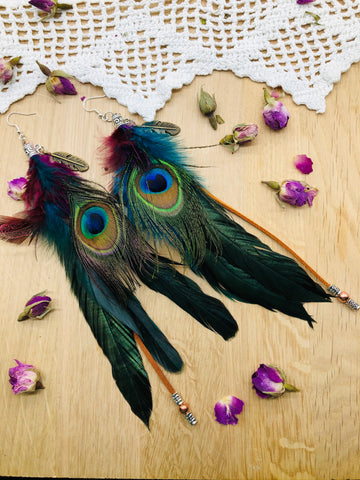 Peacock, faux suede & Copper earrings