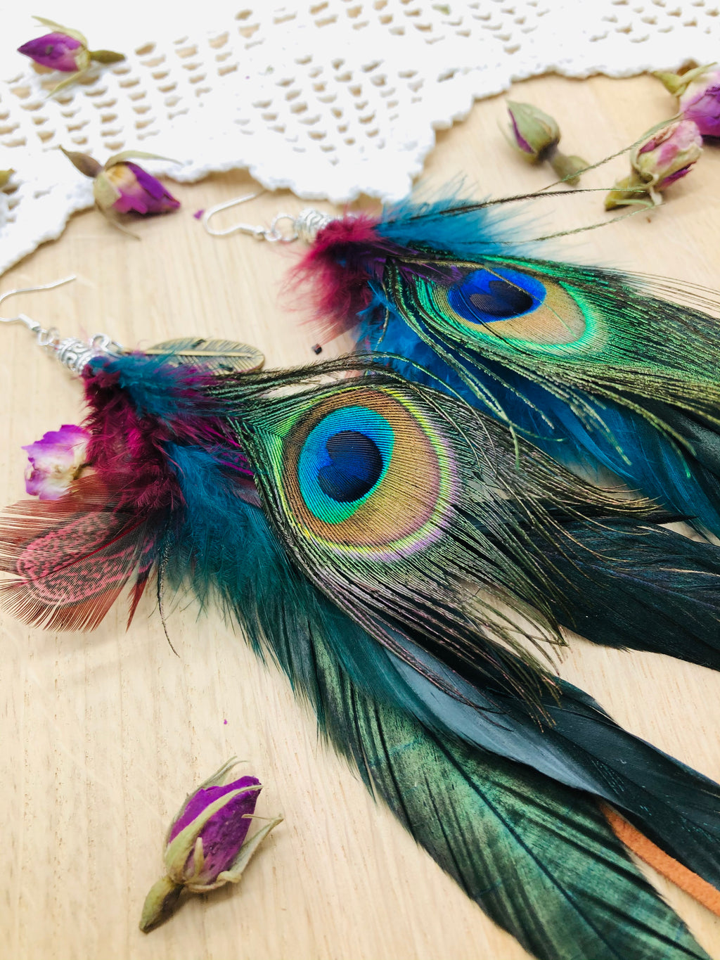 Peacock, faux suede & Copper earrings