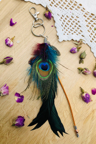 Peacock feather, faux suede & copper keyring & bag charm