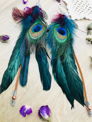 Peacock, faux suede & Copper earrings