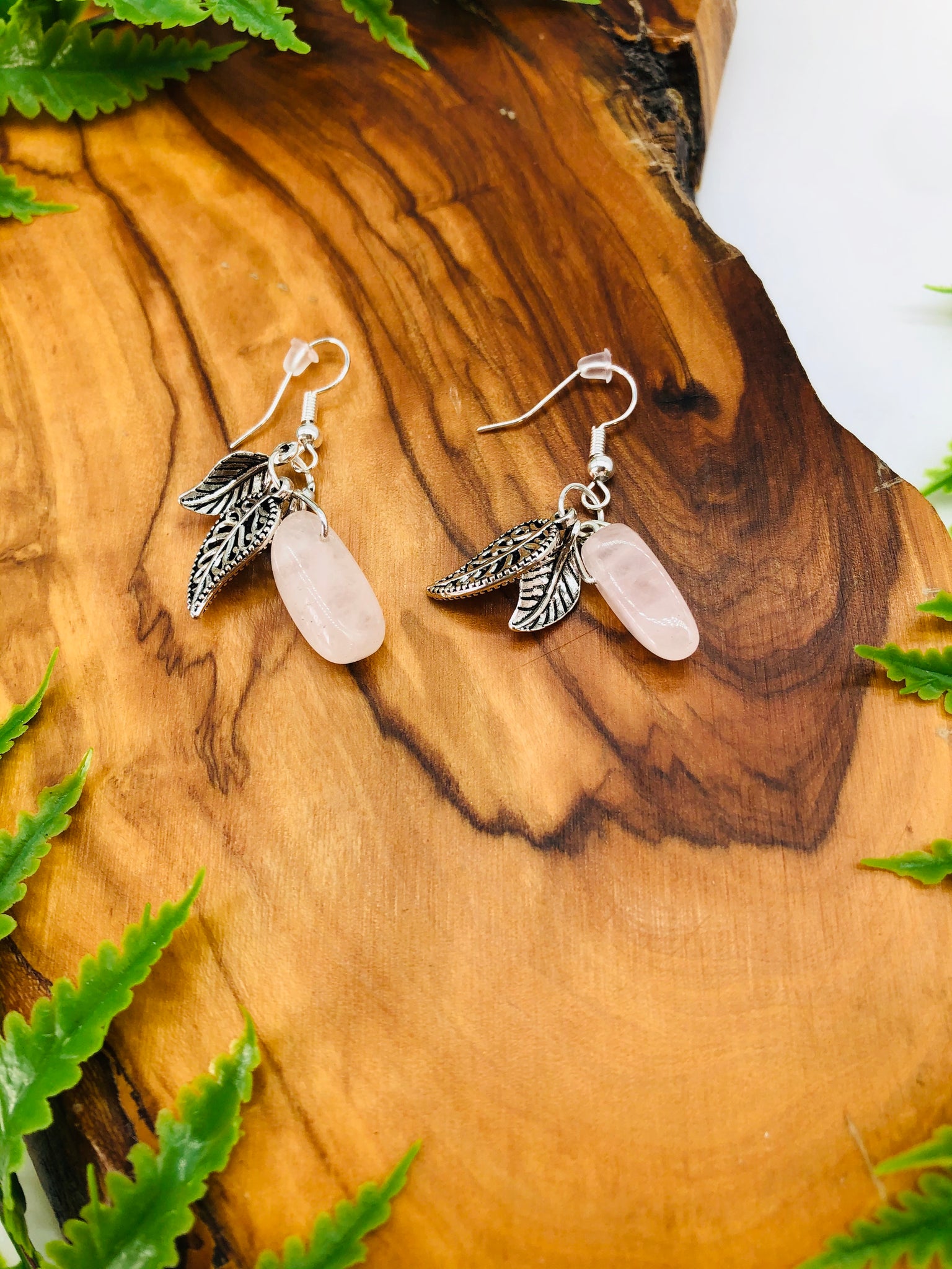 Rose Quartz & Boho Leaf Earrings