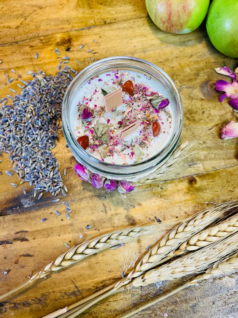 Lammas Celebration Grounding Scented Intention candle with crystals