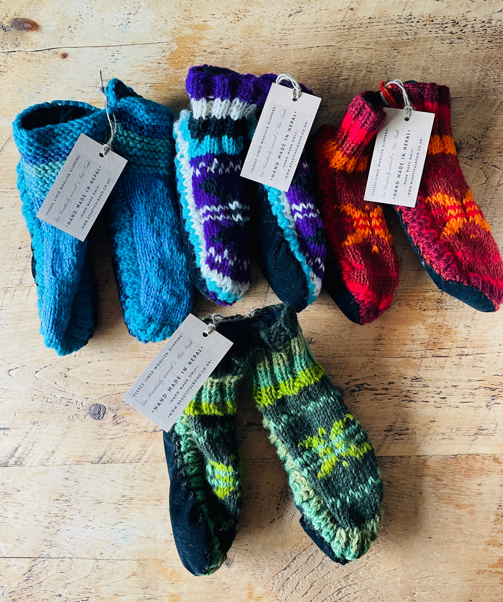 Fleece lined hand made woollen Nepalese slipper socks