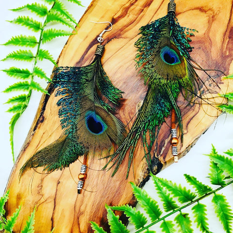 Lammas Celebration Tail feather peacock feather earrings
