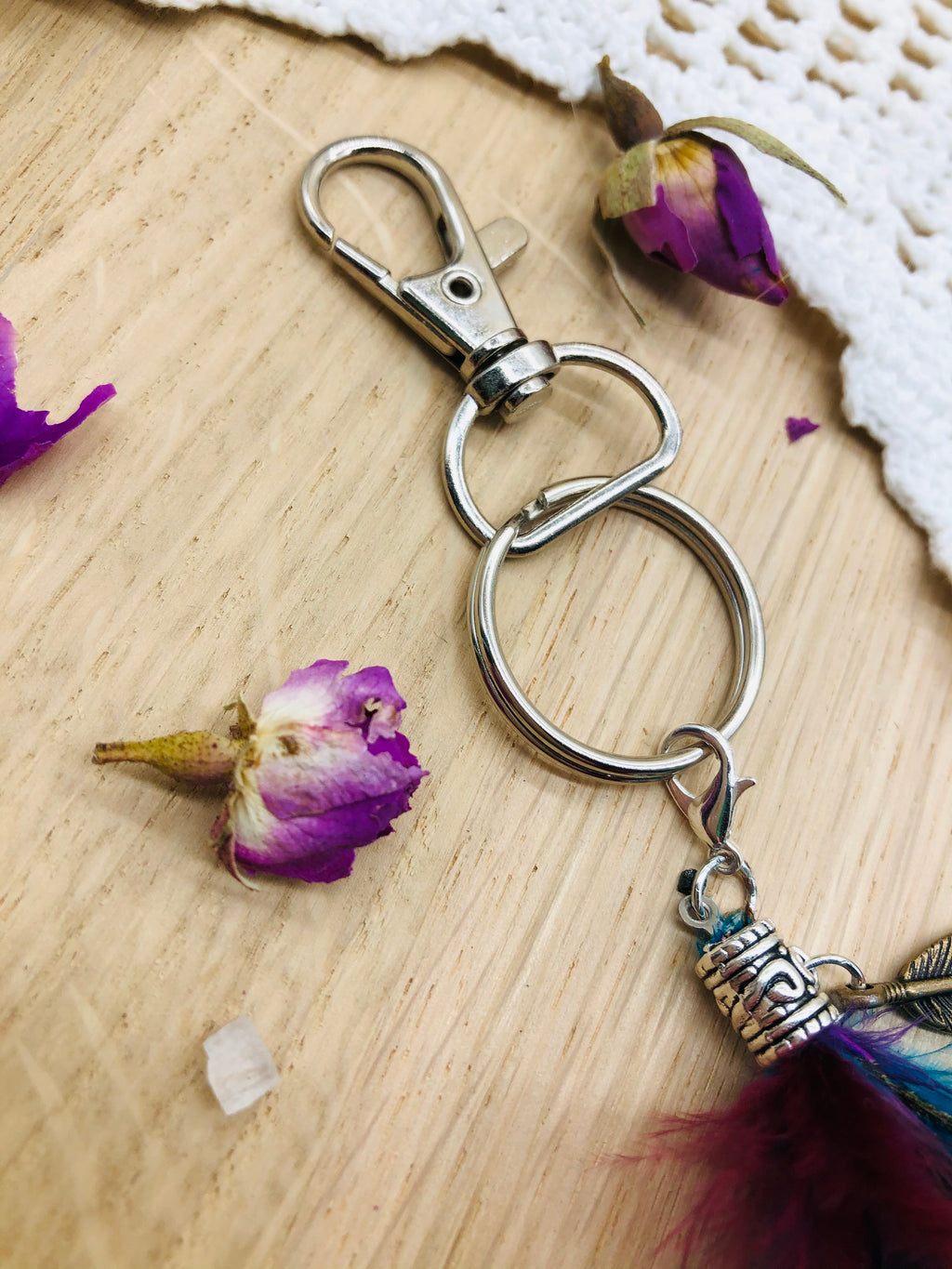 Peacock feather, faux suede & copper keyring & bag charm