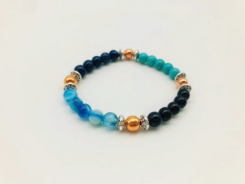 Positivity & Happiness Bracelet With Copper, Lapis Lazuli, Blue Goldstone, Blue Lace Agate and Turqoise