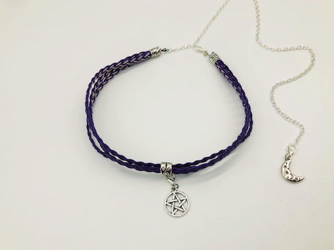 Litha Solstice celebration Faux Leather Purple Pentacle Choker