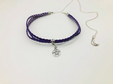 Litha Solstice celebration Faux Leather Purple Pentacle Choker