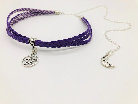 Litha Solstice celebration Faux Leather Purple Pentacle Choker