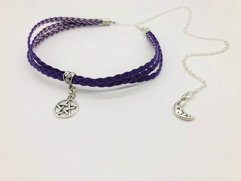 Litha Solstice celebration Faux Leather Purple Pentacle Choker