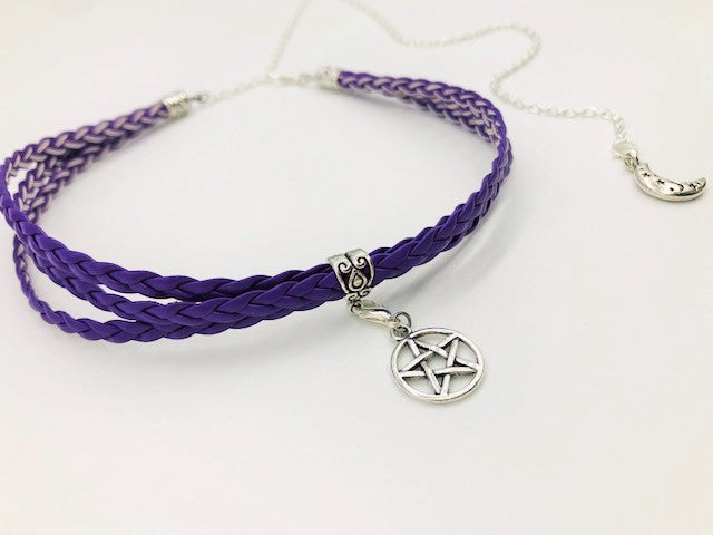Litha Solstice celebration Faux Leather Purple Pentacle Choker