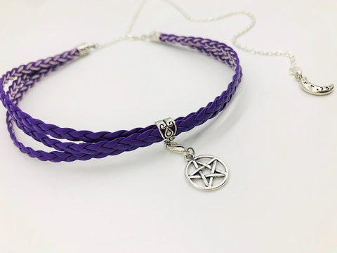 Litha Solstice celebration Faux Leather Purple Pentacle Choker