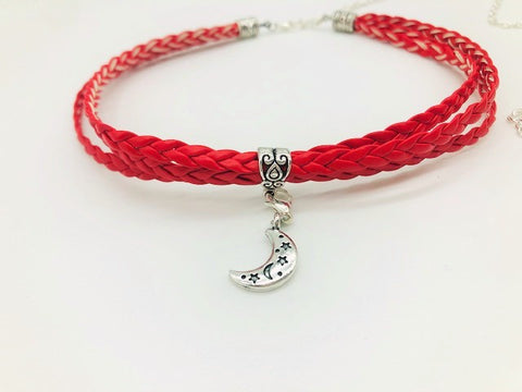 Wicca Red Crescent Moon Faux Leather choker Beautiful Boho Crystal Healing Jewellery Essential Oils and Workshops