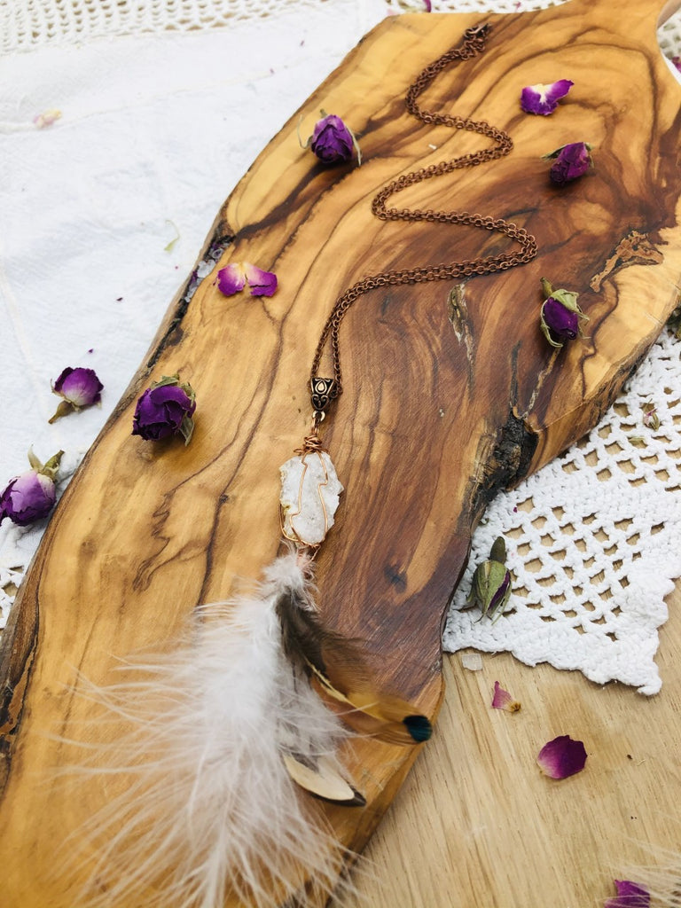 Lammas Celebration Boho Geode Druzy Feather Pendant