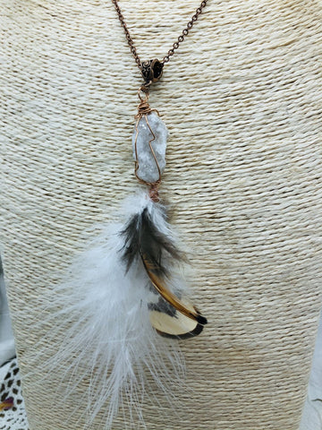 Lammas Celebration Boho Geode Druzy Feather Pendant