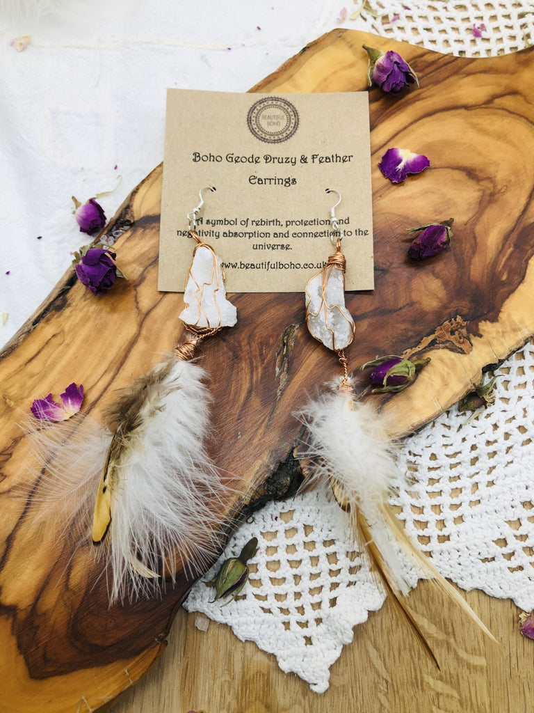 Lammas Celebration Boho Geode & Feather Earrings