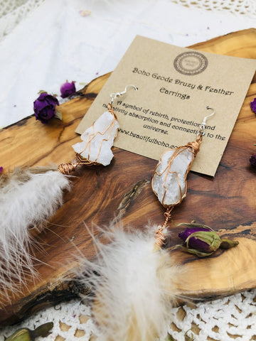 Lammas Celebration Boho Geode & Feather Earrings