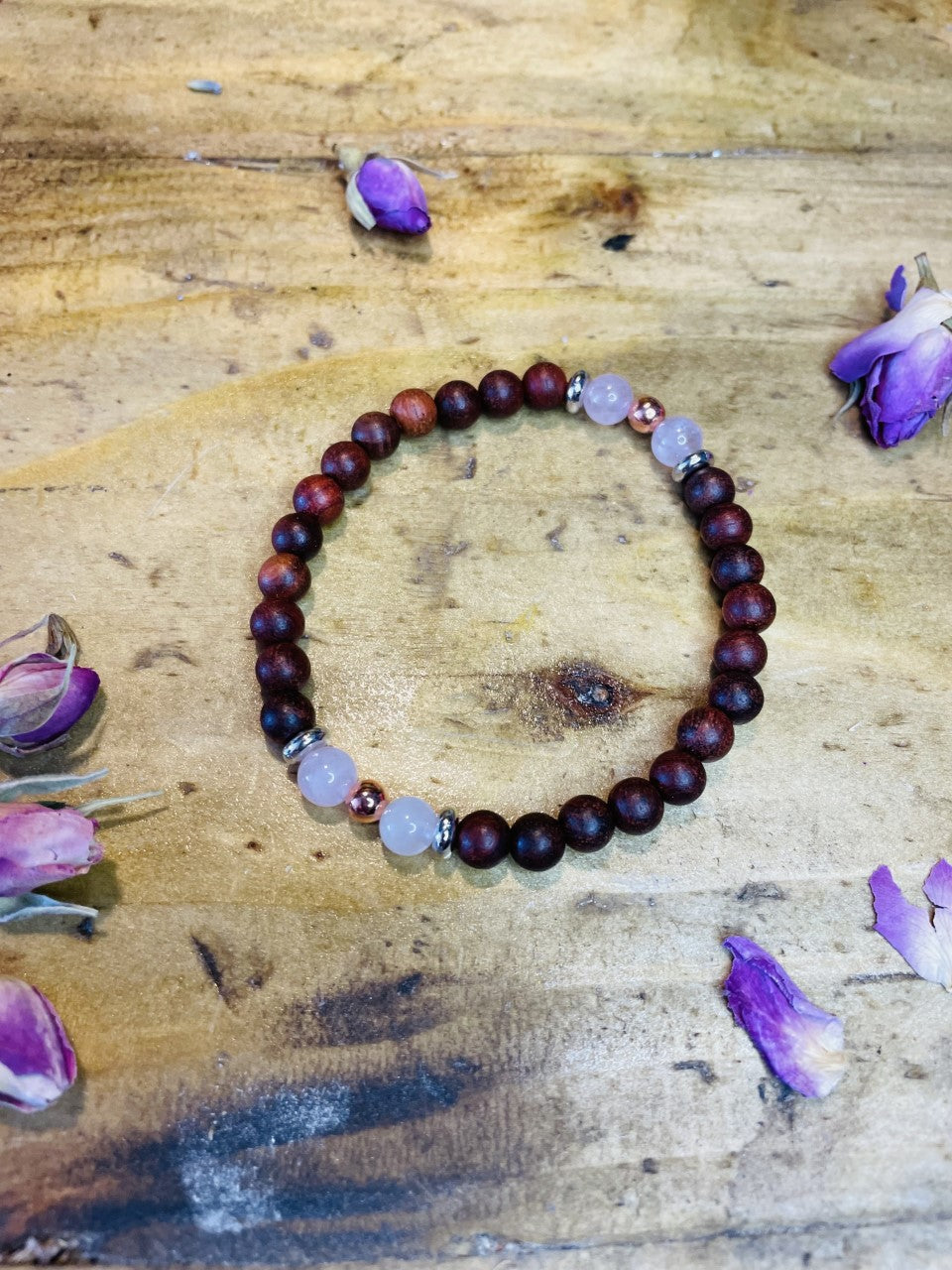 Sacred Wood, Copper & Rose Quartz Crystal Bracelet