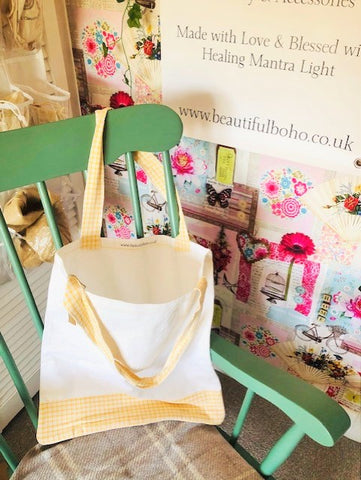 Hand Made Yellow gingham reclaimed material Tote Bag