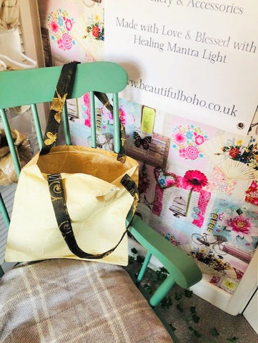 Hand Made Cream Swirl reclaimed material Tote Bag