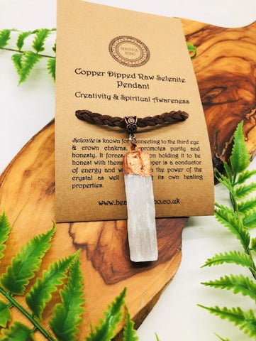 Copper Dipped Selenite Pendant for Creativity, effective meditation & spiritual awareness.