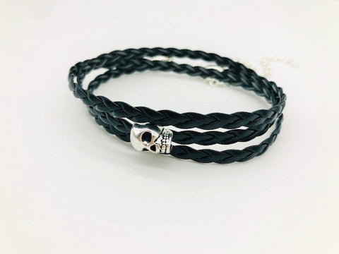 Gentleman's Braided Faux Leather Skull Wrap Bracelet or necklace
