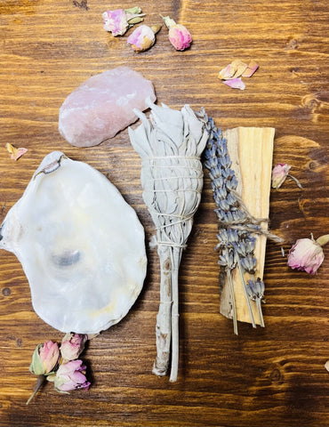 Hand Rolled Lavender, Palo Santo & White sage Sacred Smoke Cleansing Bundle with Rose Quartz Crystal & Oyster shell ash catcher