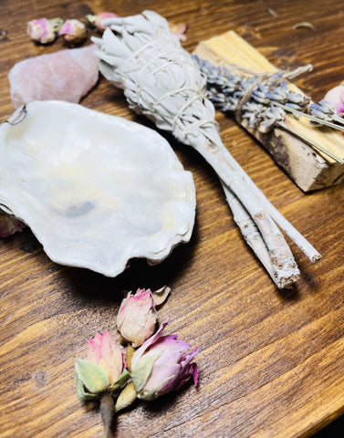 Hand Rolled Lavender, Palo Santo & White sage Sacred Smoke Cleansing Bundle with Rose Quartz Crystal & Oyster shell ash catcher