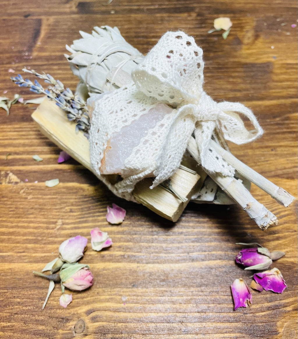 Hand Rolled Lavender, Palo Santo & White sage Sacred Smoke Cleansing Bundle with Rose Quartz Crystal & Oyster shell ash catcher